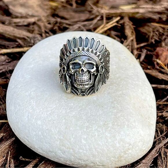 Mind Body and Stone Other - Mens Biker hotrod sterling silver native American chief indian skull ring size 9